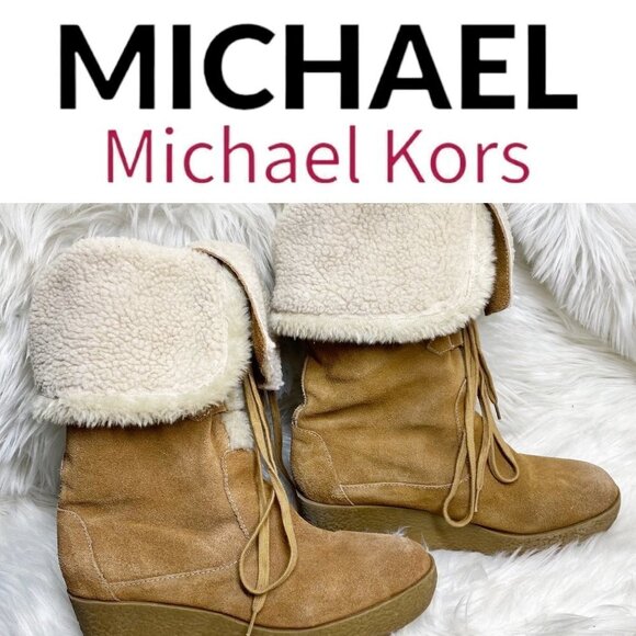 MICHAEL MICHAEL KORS Camel Brown Suede Sherpa Lined Wedge Boot, Size 9.5 - Picture 2 of 10